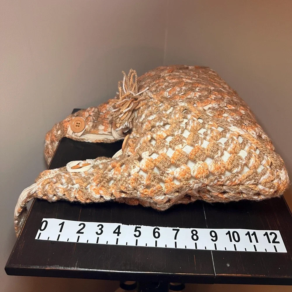 Handmade Crochet Hobo Bag Lined Boho Shoulder Purse Peach Tan Cream Wood Buttons